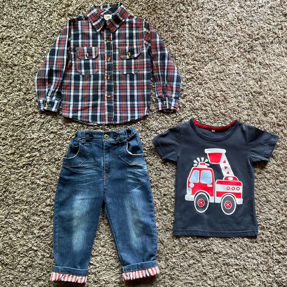 Kids Tales Plaid Shirt and Fire Truck Tee with Jeans Set Size 3T